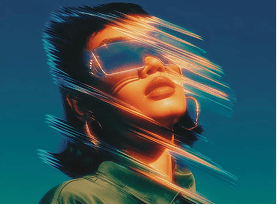 Person wearing futuristic visor with light streaks