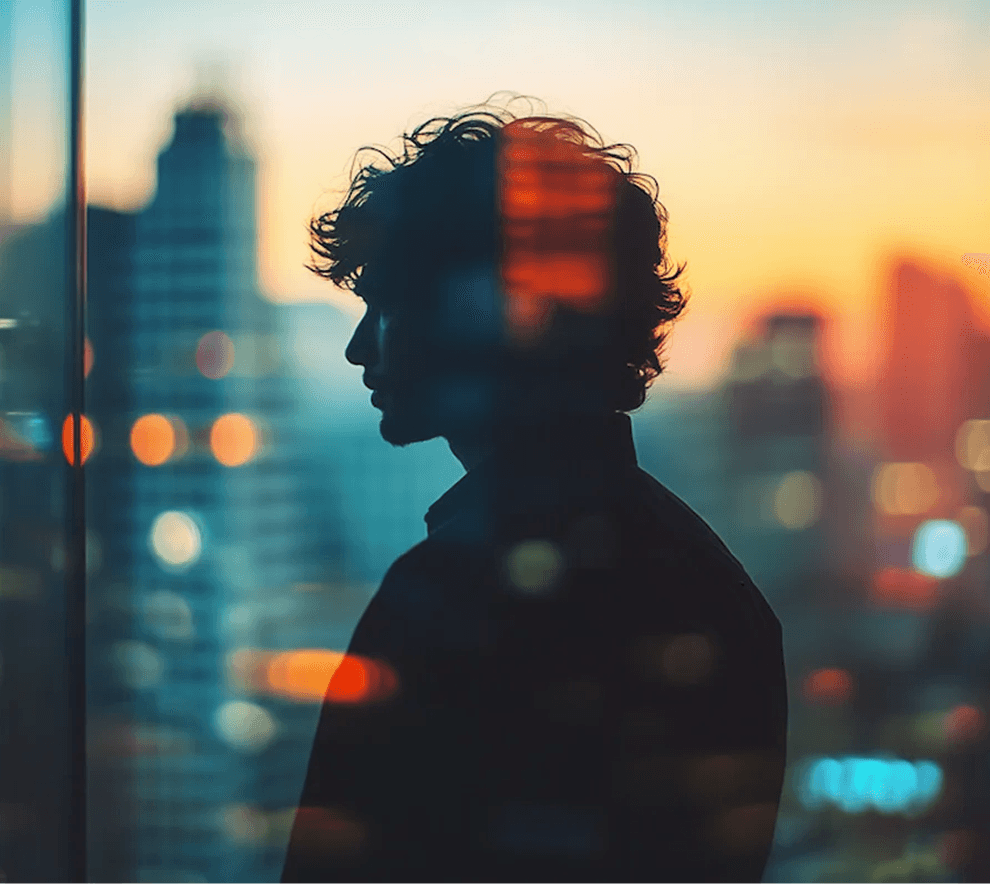 Silhouette of a person looking out over a city at sunset
