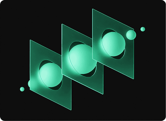 Green abstract panels and glowing spheres